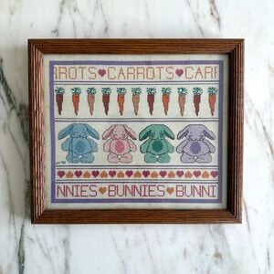 Vintage Framed Cross Stitch "Carrots & Bunnies" Folk Art Easter Spring Decor
